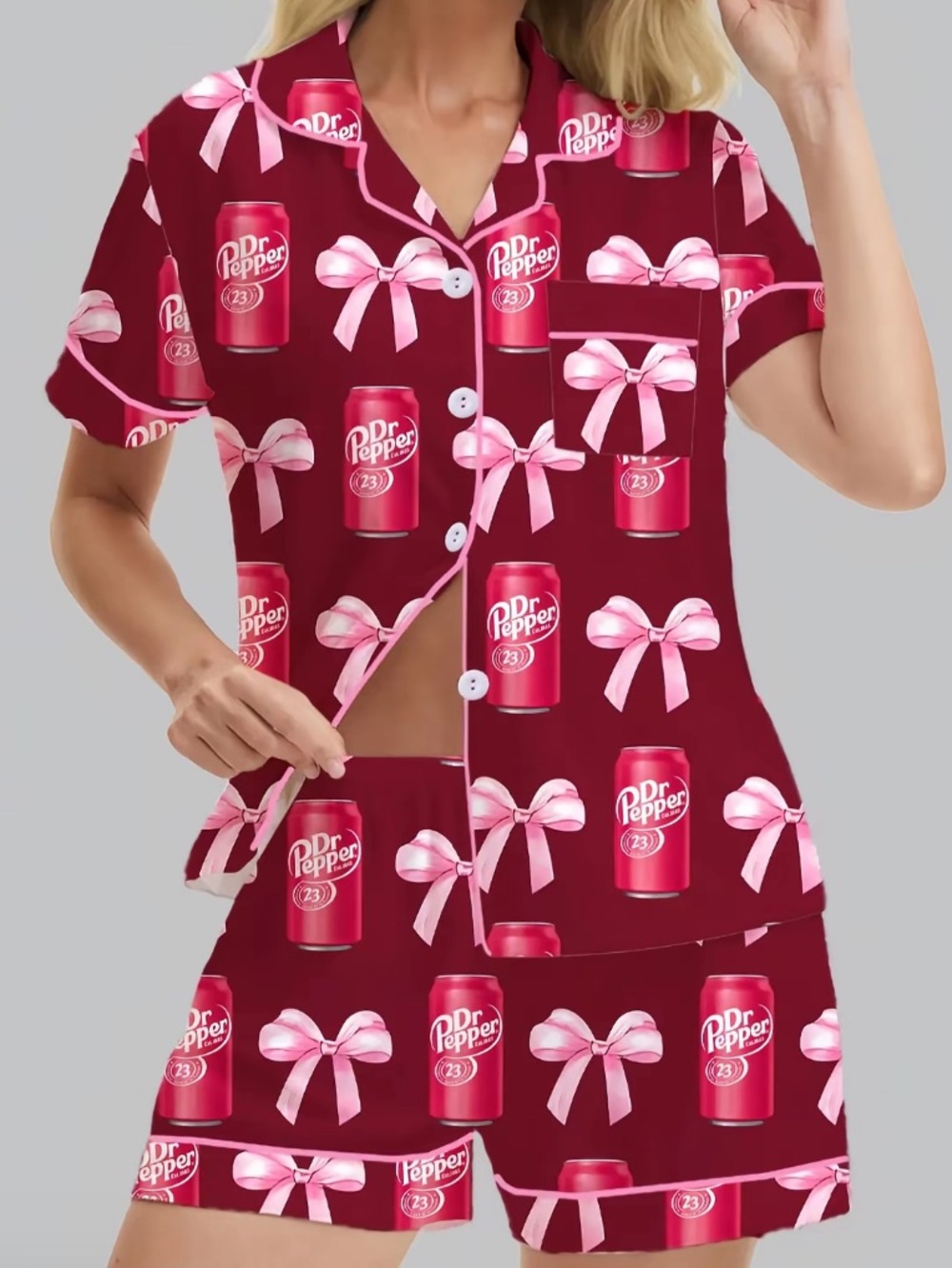 Maroon Short Pajama Set with Pink Bow Print